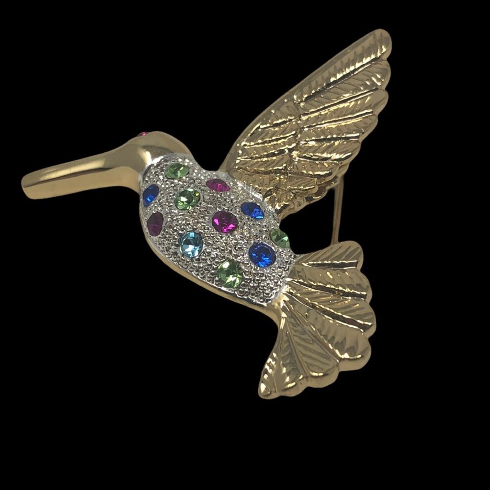 Premier Designs‎ Hummingbird Brooch Pin Colored Rhinestones Gold Tone Signed